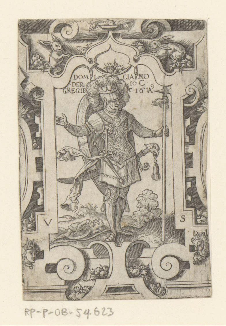Keizer Domitianus in rolwerk omlijsting by Unknown, print, 1524-1562