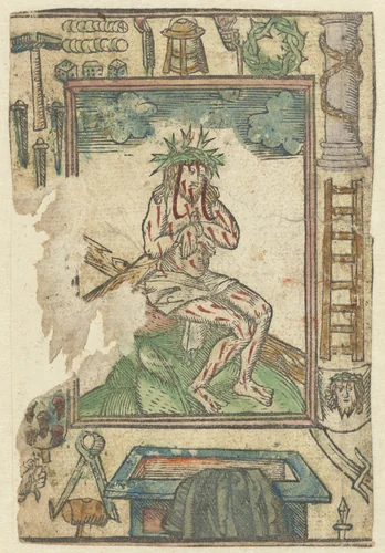 Christus zittend op het kruis by anonymous, print, 1490-1510