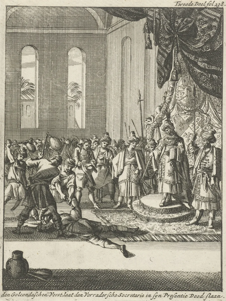 Sultan van Golkonda laat veroordeelde dood slaan by Jan Luyken, print, 1693