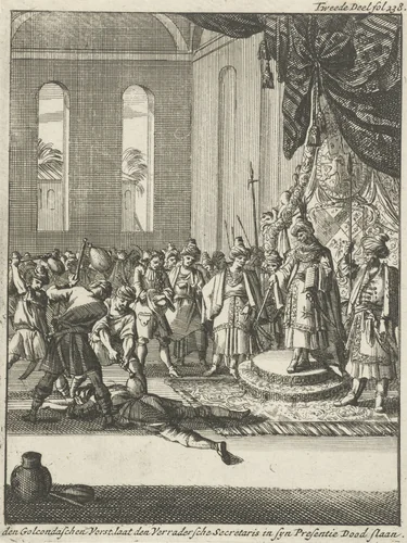 Sultan van Golkonda laat veroordeelde dood slaan by Jan Luyken, print, 1693