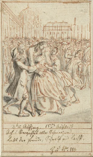 Louise en Alexis omhelzen elkaar op een plein by Daniel Nikolaus Chodowiecki, drawing, 1770-1775