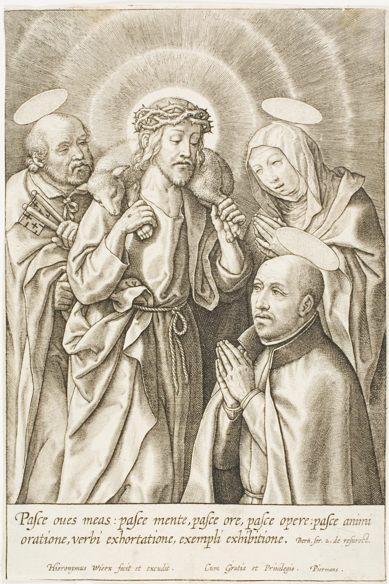Ignatius of Loyola kneeling before Christ, the Virgin and St Peter by Jan Wierix, print, 1568-1619