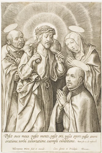 Ignatius of Loyola kneeling before Christ, the Virgin and St Peter by Jan Wierix, print, 1568-1619