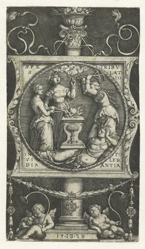 Embleem met Hoop, Tegenspoed, Afgunst en Tolerantie by Unknown, print, 1529