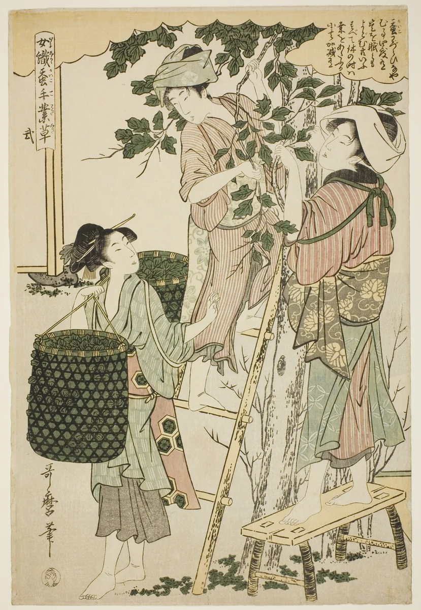 No. 2 (ni), from the series "Women Engaged in the Sericulture Industry (Joshoku kaiko tewaza-gusa)" by Kitagawa Utamaro (喜多川歌麿), print, 1793-1805
