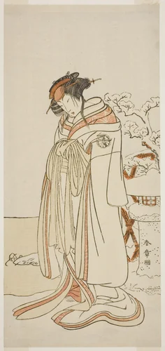 The Actor Segawa Kikunojo III as the Courtesan Kisewata (Tagasode) (?) in the Play Hana-zumo Genji Hiiki (?), Performed at the Nakamura Theater (?) in the Eleventh Month, 1775 (?) by Katsukawa Shunsho (勝川 春章), print, 1770-1780
