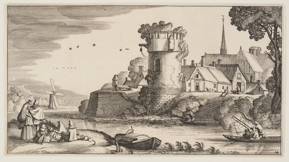 Watch-Tower by a River, from Landscapes (Playsante Lantschappen) by Claes Jansz. Visscher II, print, 1641