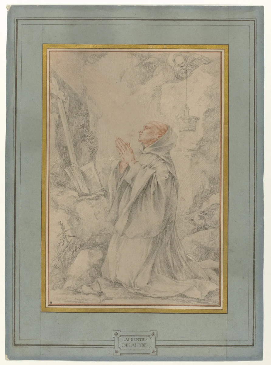 H. Benedictus biddend in een grot by Laurent de La Hire, drawing, 1616-1656