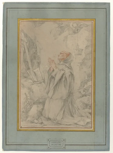 H. Benedictus biddend in een grot by Laurent de La Hire, drawing, 1616-1656