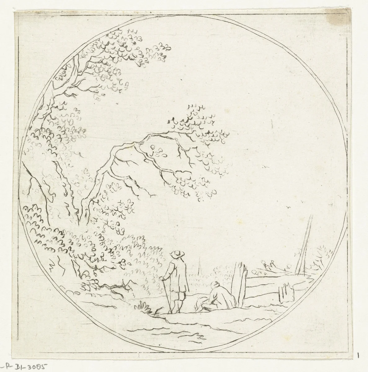 Landschap met twee wandelaars by Anthonie van den Bos, print, 1778-1838