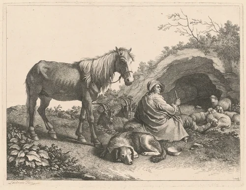 Seated Shepherd with Horse, Dog, Goats and Sheep by Francesco Londonio, print, 1776