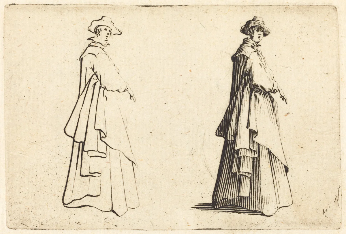 Lady in a Large Coat by Jacques Callot, print, 1622