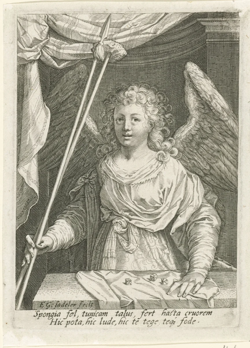Engel met lans, spons en dobbelstenen by Unknown, print, 1580-1629
