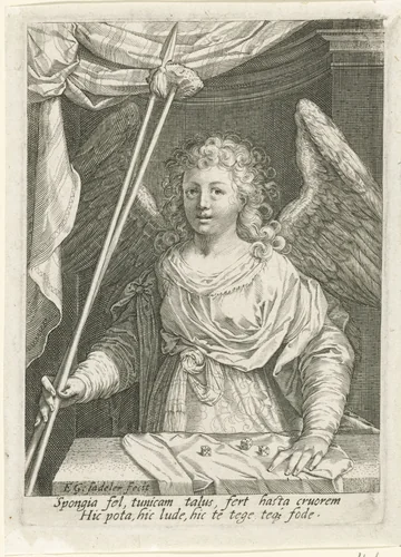 Engel met lans, spons en dobbelstenen by Unknown, print, 1580-1629