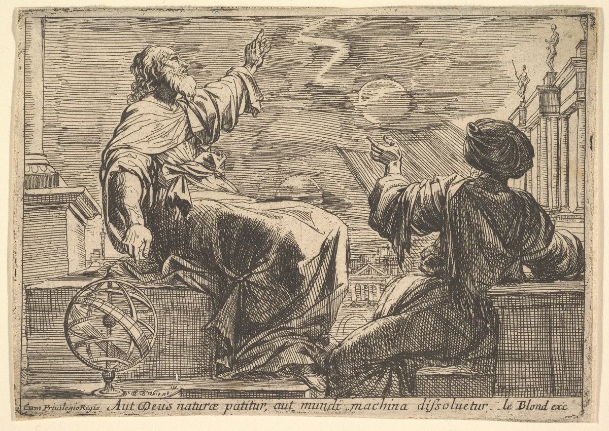 Two Philosophers Watching an Eclipse by Pierre Brebiette, print, 1615-1642