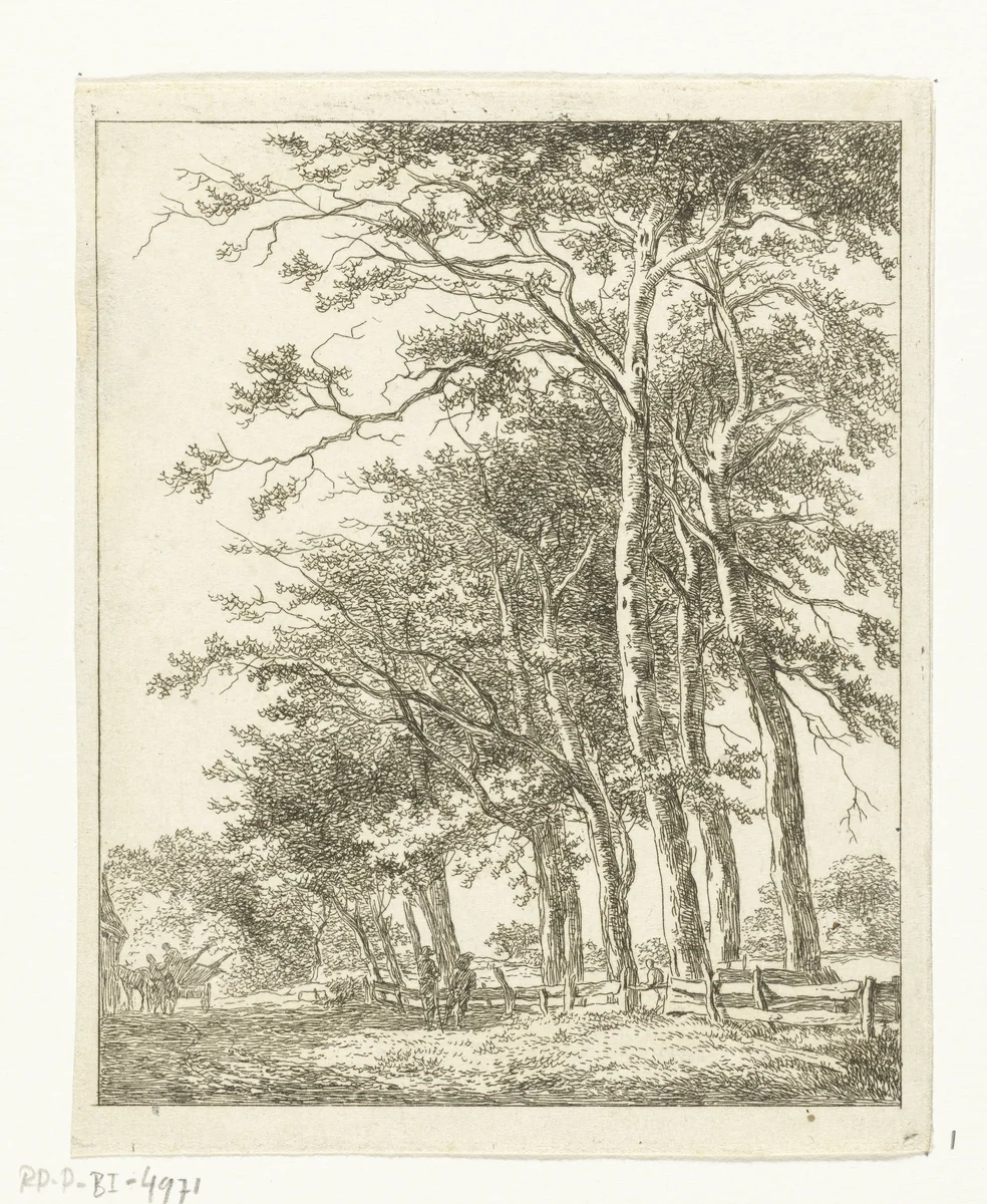 Twee staande figuren bij hoge bomen by Hermanus van Brussel, print, 1800-1815