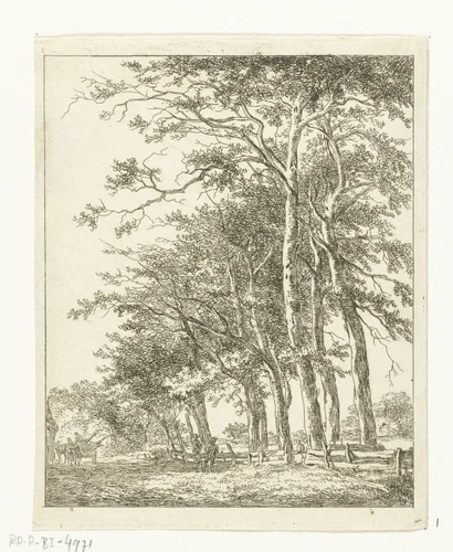 Twee staande figuren bij hoge bomen by Hermanus van Brussel, print, 1800-1815