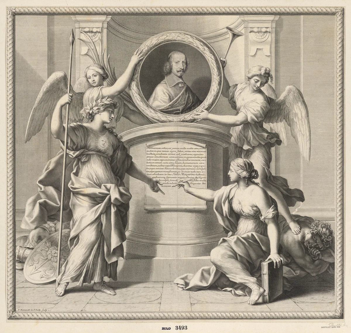 A bust portrait of Cardinal Jules Mazarin, flanked by two angels and two allegorical figures, the angel at right standing atop a man with snakes in his hair by Francois de Poilly, print, 1635-1697