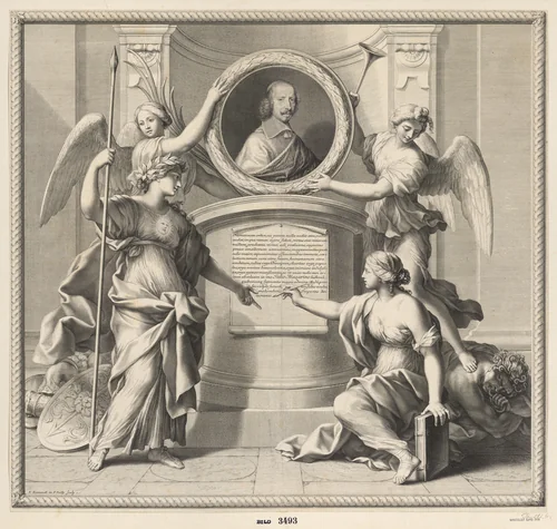 A bust portrait of Cardinal Jules Mazarin, flanked by two angels and two allegorical figures, the angel at right standing atop a man with snakes in his hair by Francois de Poilly, print, 1635-1697