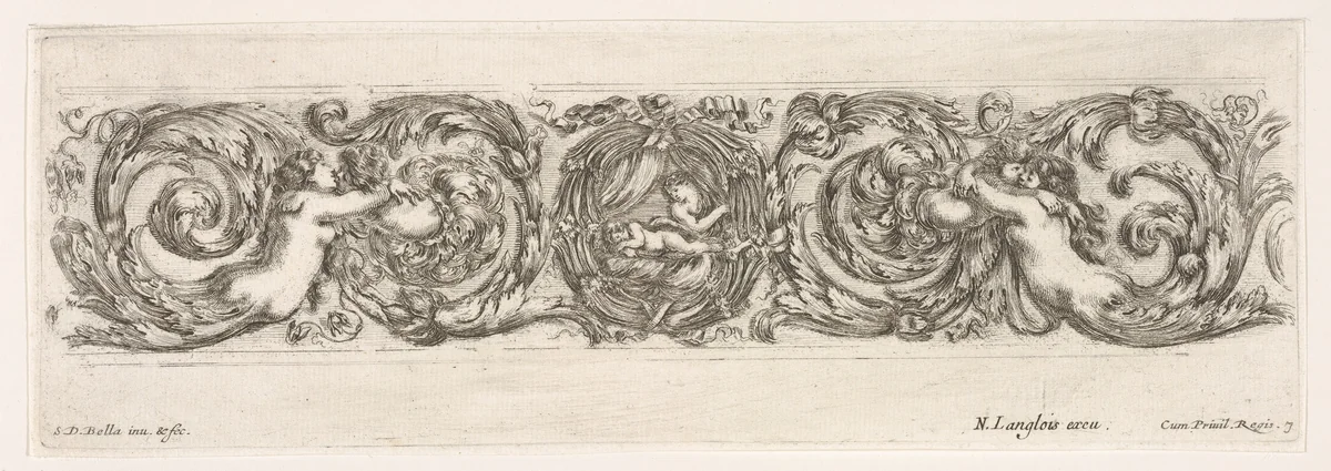 Design for a Frieze with Acanthus Scrolls with the Theme of Love, plate 7 from "Decorative friezes and foliage" (Ornamenti di fregi e fogliami) by Stefano della Bella, print, 1645-1650