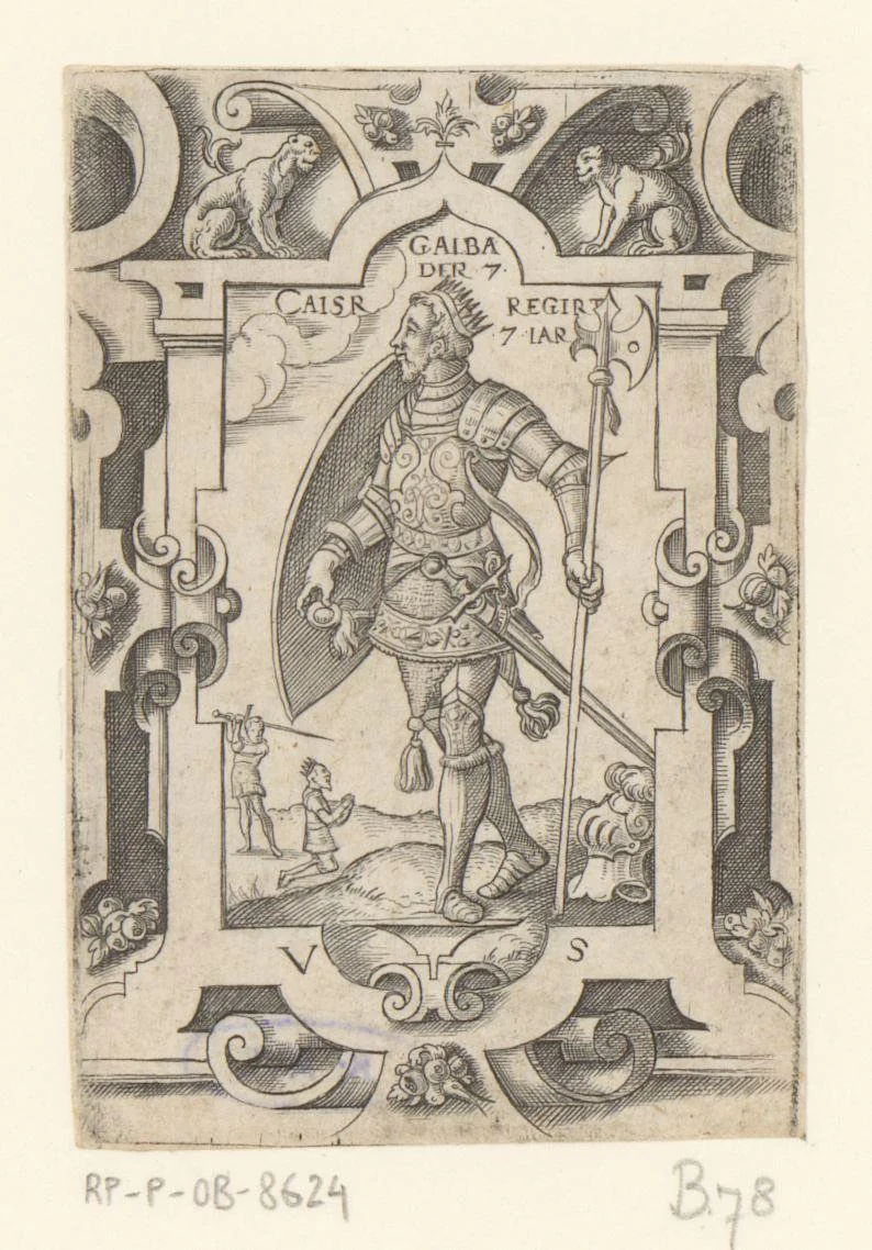Keizer Galba in rolwerk omlijsting by Unknown, print, 1524-1562
