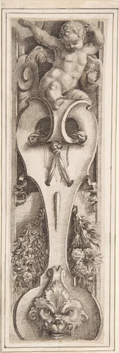 Ornamental Border with a Putto, Scroll, Mask, and Floral Garland by anonymous, drawing, 1600-1700