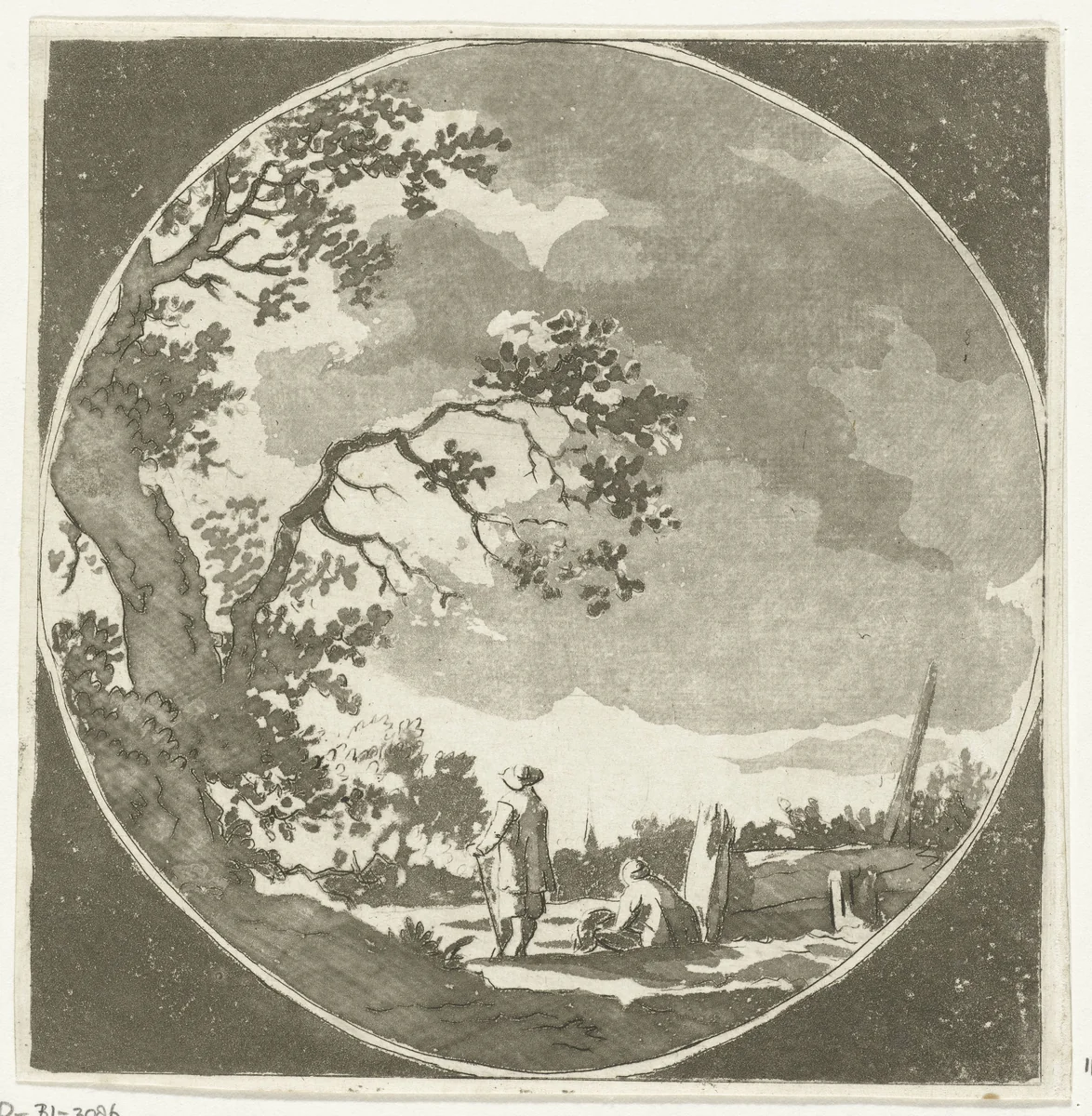 Landschap met twee wandelaars by Anthonie van den Bos, print, 1778-1838