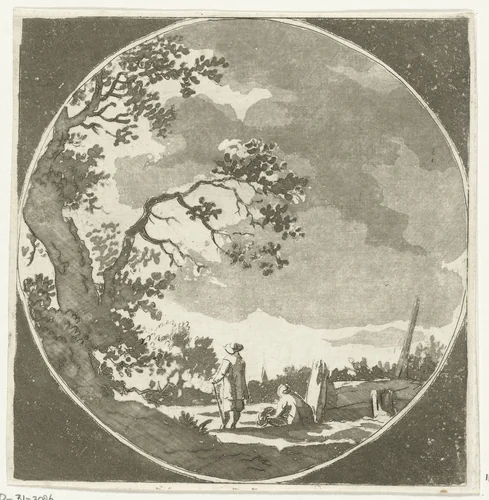 Landschap met twee wandelaars by Anthonie van den Bos, print, 1778-1838