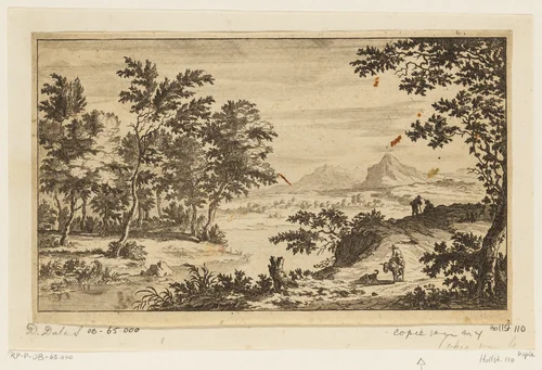 Landschap met man op ezel by anonymous, print, 1676-1700