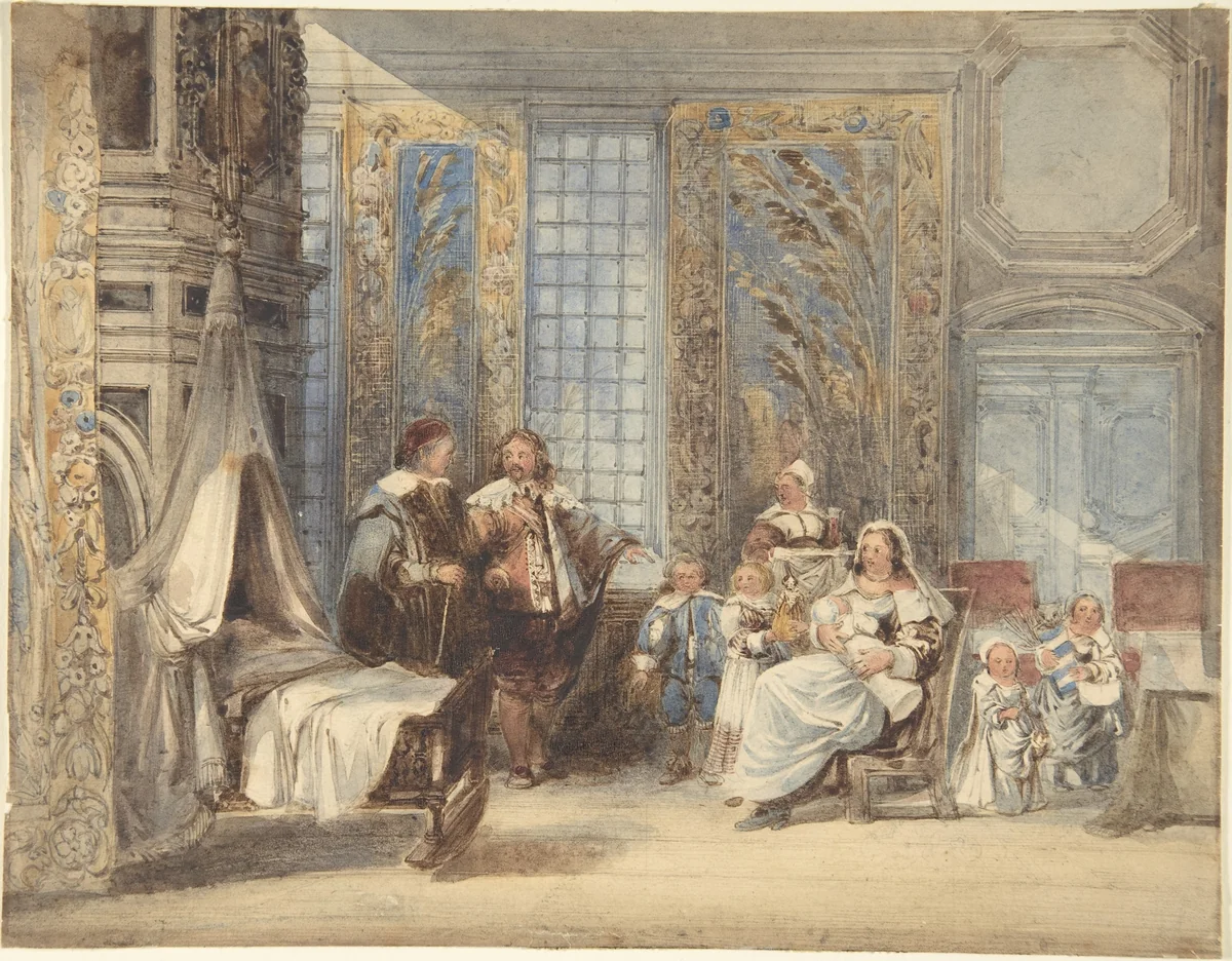 Scene with Family and Guest in Seventeenth-Century Interior by Joseph Nash, drawing, 1825-1878