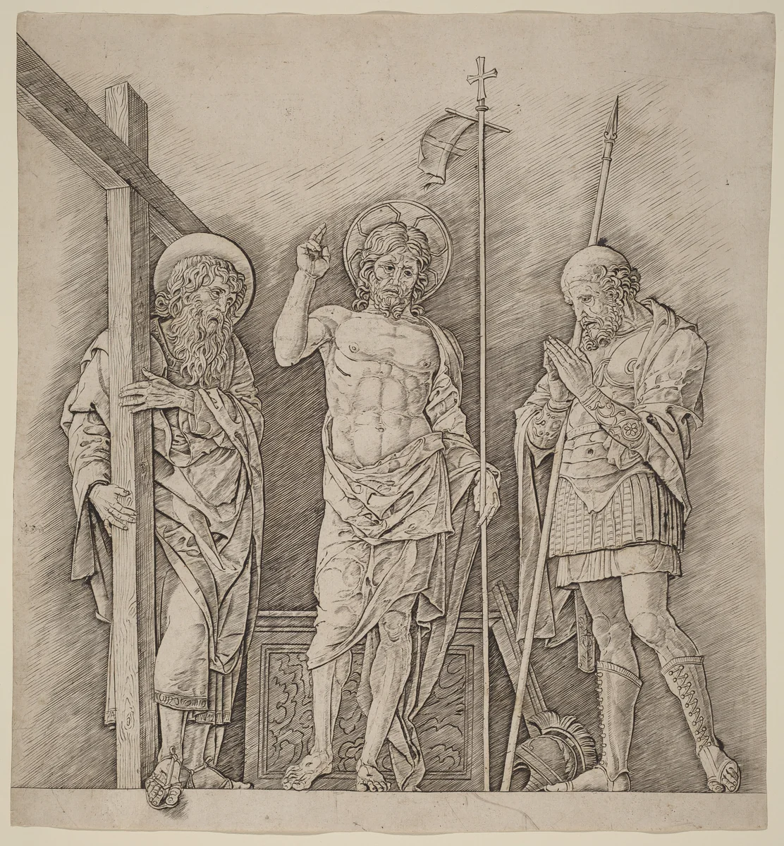 Risen Christ between Saints Andrew and Longinus by Andrea Mantegna, print, 1460-1475