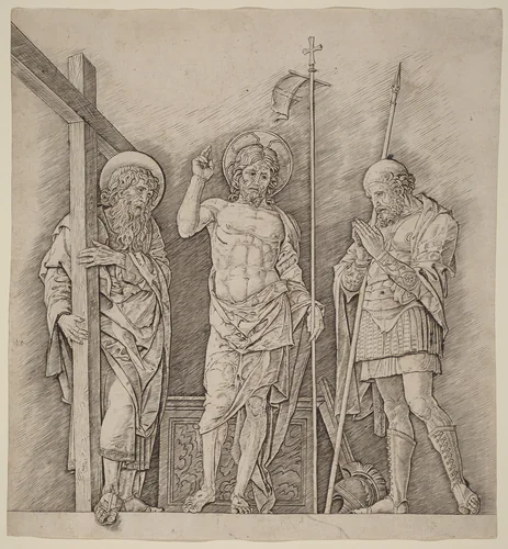 Risen Christ between Saints Andrew and Longinus by Andrea Mantegna, print, 1460-1475