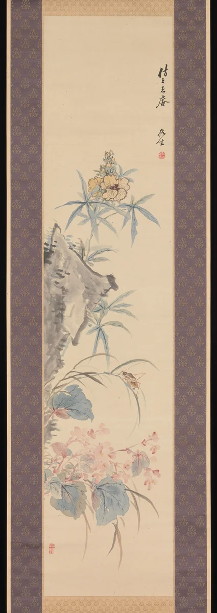 Rock and Autumn Flowers by Tsubaki Chinzan (椿椿山), painting, 1854