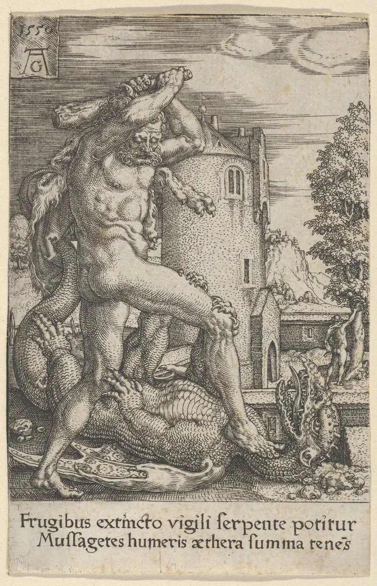 Hercules Killing the Dragon Ladon, from "The Labors of Hercules" by Heinrich Aldegrever, print, 1550