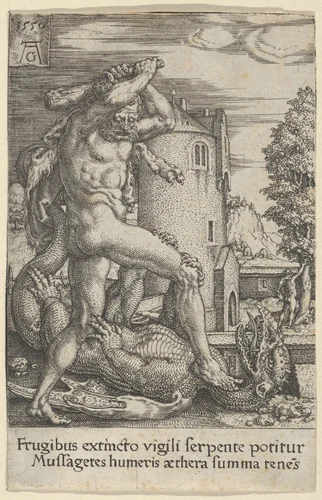 Hercules Killing the Dragon Ladon, from "The Labors of Hercules" by Heinrich Aldegrever, print, 1550