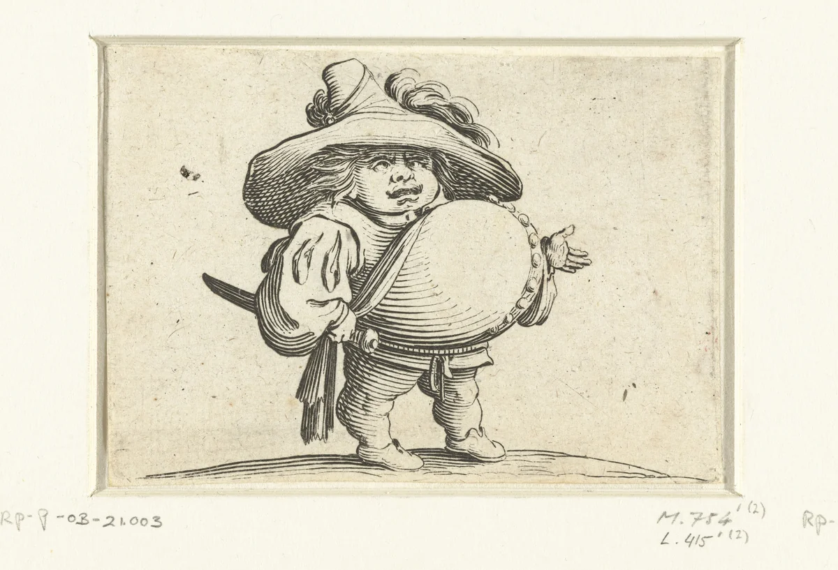 Kleine mens (karikatuur) met zwaard, een Aknopenrij op de buik by Jacques Callot, print, 1621-1625