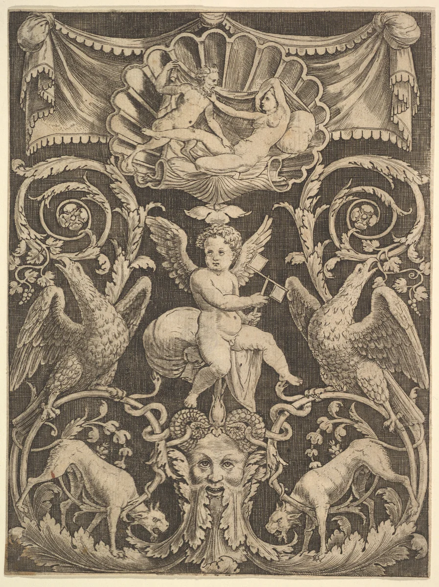 A panel of ornament with a putto in the centre holding a windmill by Master of the Die, print, 1532