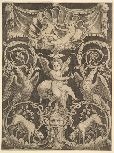 A panel of ornament with a putto in the centre holding a windmill by Master of the Die, print, 1532