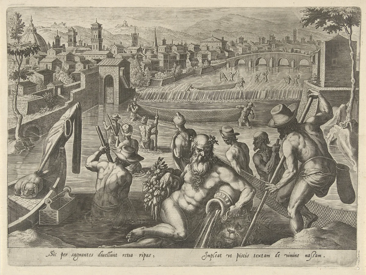 Visvangst met sleepnet by Philips Galle, print, 1578