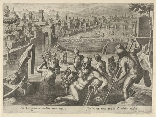 Visvangst met sleepnet by Philips Galle, print, 1578