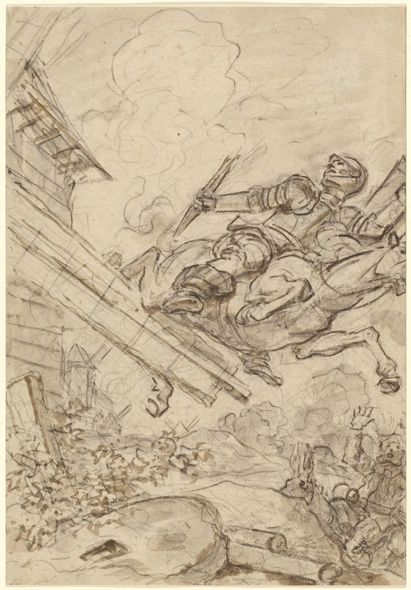 Don Quixote Attacking the Windmill by Jean Honoré Fragonard, drawing, 1780-1789