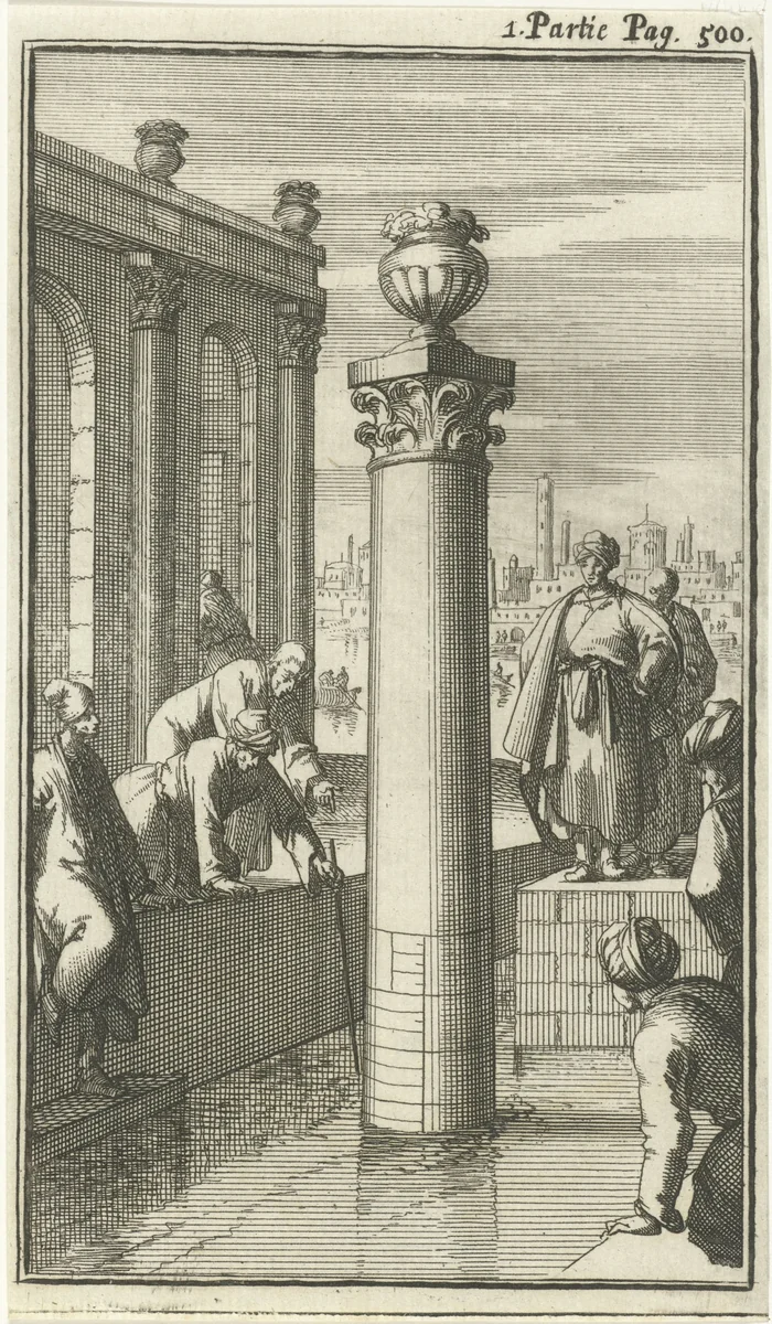 Onderzoek naar de waterstand bij de Nijlmeter te Caïro by Jan Luyken, print, 1689