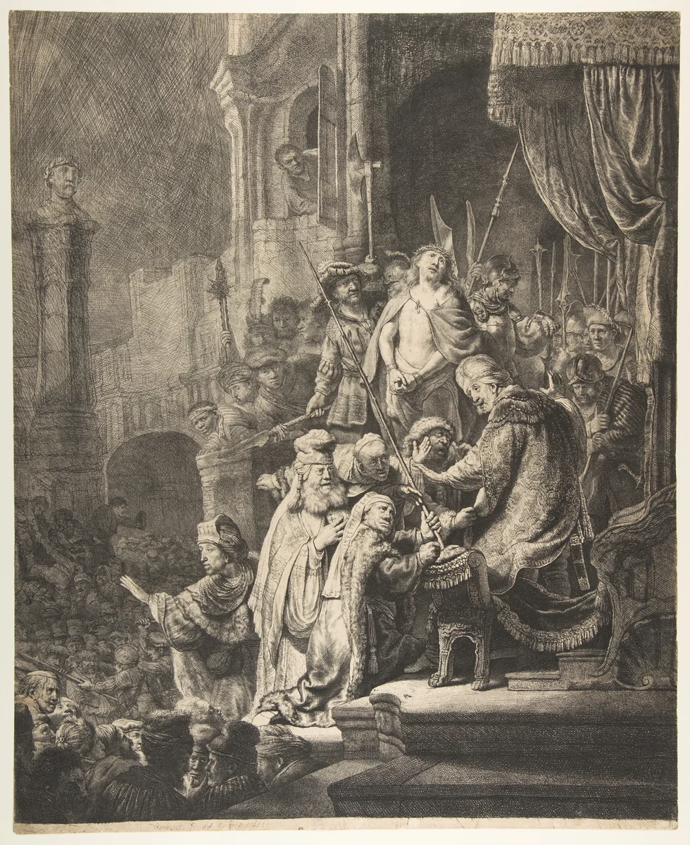 Christ Before Pilate: the large plate by Rembrandt van Rijn, print, 1636