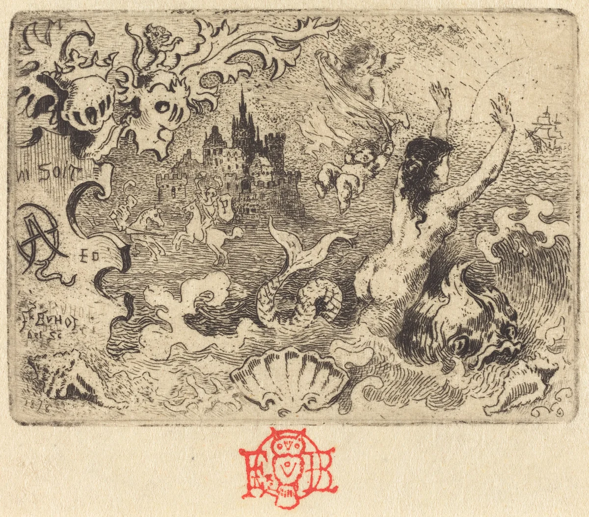 Jacques Cazotte's "Le Diable amoureux" (2nd vignette) by Félix-Hilaire Buhot, print, 1878