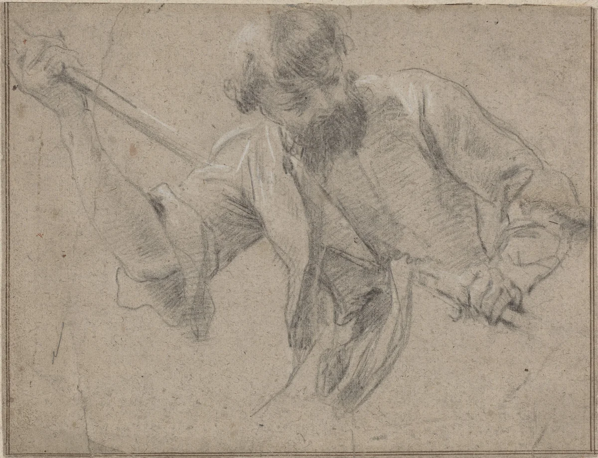 A Bearded Man with a Staff by Simon Vouet, drawing, 1590-1649