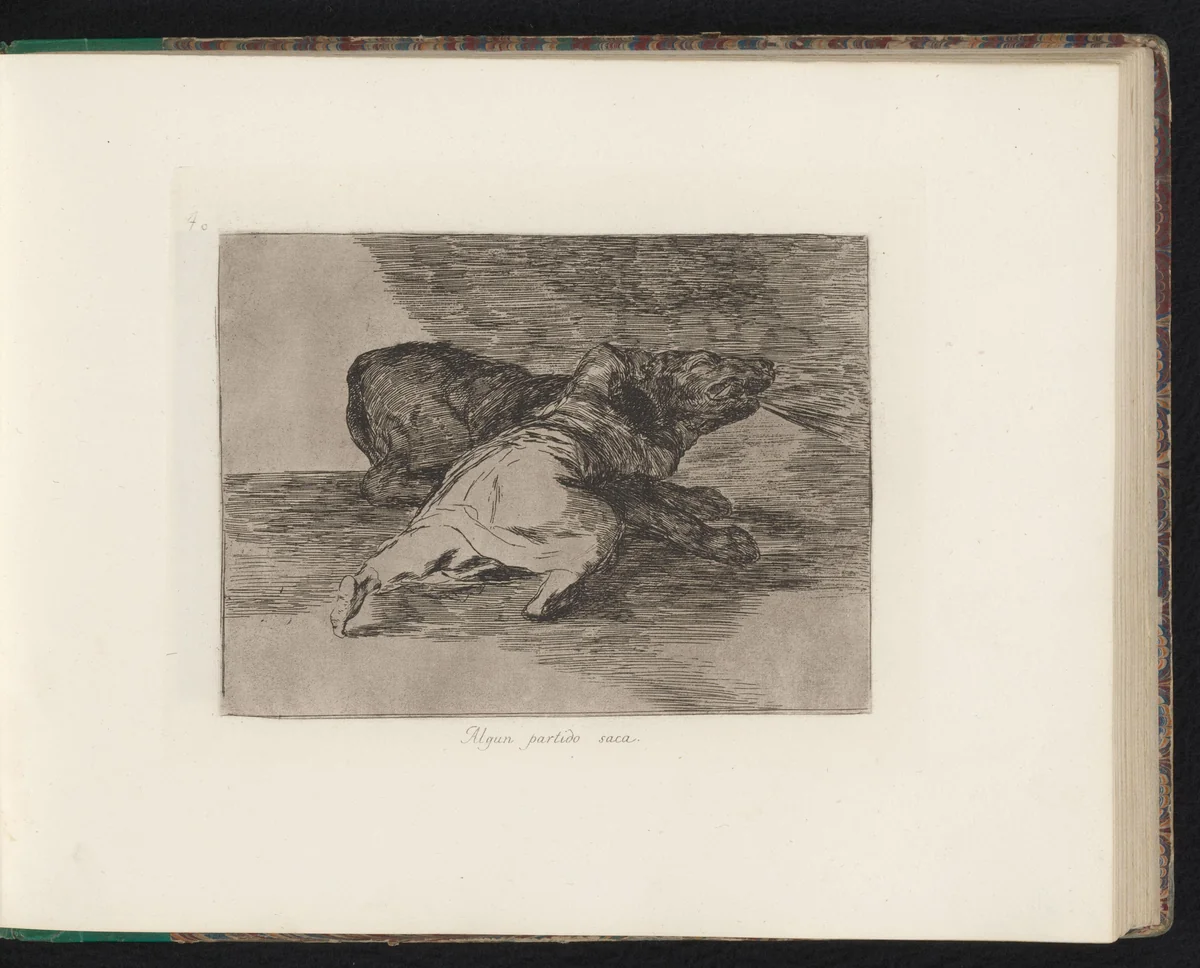 Figuur op de grond omhelst een grote hond by Francisco de Goya, book, 1810-1820