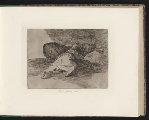 Figuur op de grond omhelst een grote hond by Francisco de Goya, book, 1810-1820