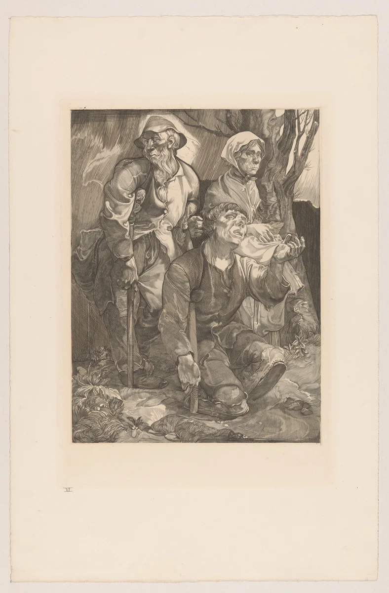 Drie bedelaars bij een boom by Johannes Josephus Aarts, print, 1881-1934