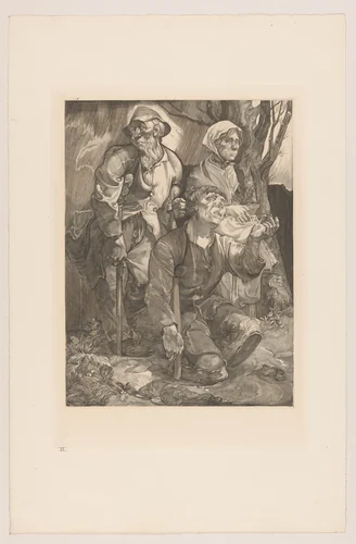 Drie bedelaars bij een boom by Johannes Josephus Aarts, print, 1881-1934