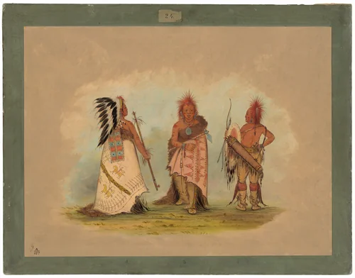 A Pawnee Chief with Two Warriors by George Catlin, painting, 1861-1869